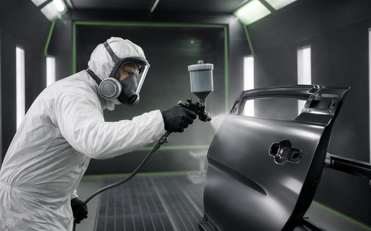 A spray painter in full protective gear refinishing a panel in the Hy-Class spray booth